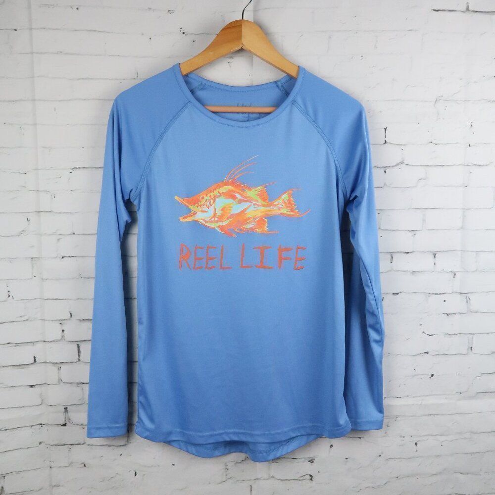 REEL LIFE BLUE LONG SLEEVE ROUND NECK RASHGUARD UV PROTECTION SHIRT SIZE MEDIUM